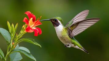 ai generado colibrí verde coronado brillante volador siguiente a hermosa rojo flor foto