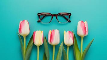 AI generated Different world perception with glasses frame and tulips photo