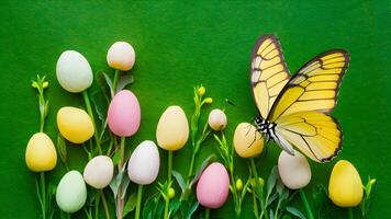 ai generado Pascua de Resurrección primavera flor antecedentes presentando Fresco verdor y amarillo mariposa foto