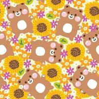 Seamless pattern of cute teddy bear pastel with various flower and leaf background.Spring.Blooming.Floral.Sunflower.Wild animal character cartoon design.Kawaii.Vector.Illustration. vector