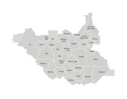 Vector isolated illustration of simplified administrative map of South Sudan. Borders and names of the states, regions. Grey silhouettes. White outline