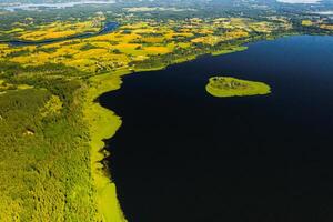 parte superior ver de lago conducir en el braslav lagos nacional parque, el más hermosa lagos en bielorrusia.an isla en el lago.belarús. foto
