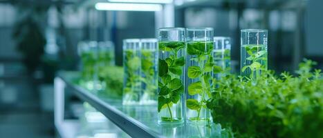 AI generated A Green biotechnology research with plant samples in flasks in a modern laboratory greenhouse. photo