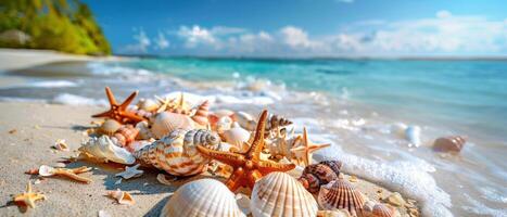 ai generado un formación de vistoso conchas marinas dispersado en el apuntalar de un prístino tropical playa. foto