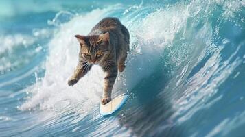 AI generated An adventurous domestic cat humorously photoshopped to appear surfing on a towering blue wave. photo