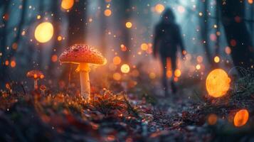 AI generated Hiker Walking Through Mushroom-Filled Forest photo