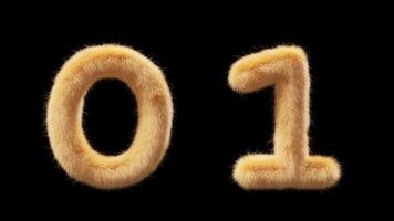 3D animation woolen numbers 0 and 1. Wool in the style of the pet Chick. The file contains an Alpha Channel. ProRes4 RGBA video