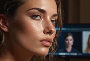 AI Generated A woman observes her own reflection on a screen, her expression pensive and focused. The lighting highlights her features sharply. photo