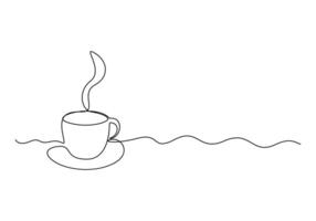 Coffee or tea cup one continuous line drawing hot drink with steam vector illustration