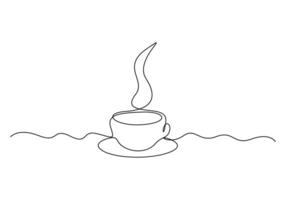 Coffee or tea cup one continuous line drawing hot drink with steam vector illustration