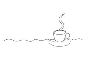 Coffee or tea cup one continuous line drawing hot drink with steam vector illustration