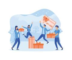 Customer happy about discount card, coupon, voucher, certificate. Earn loyalty program points and get online reward and gifts or bonus. flat vector modern illustration