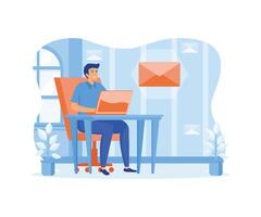 Mail service concept. Man with computer sending letters online, isolated on white background. flat vector modern illustration