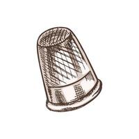 Hand-drawn colored sketch of sewing thimble. Handmade, sewing equipment concept in vintage doodle style. Engraving style. vector