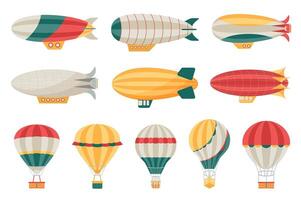 dibujos animados dirigible mega conjunto elementos en plano diseño. haz de diferente tipos y colores caliente aire globos y dirigibles. Clásico aéreo transporte. vector ilustración aislado gráfico objetos