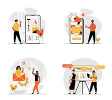 Designer studio concept with character set. Collection of scenes people do creative projects, using marketing tools, create applications and promote products. Vector illustrations in flat web design