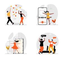 People dancing concept with character set. Collection of scenes men and women dance in discotheques and home, learning new moves and training with mobile app. Vector illustrations in flat web design