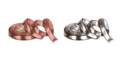 Hand-drawn colored and monochrome sketches of satin ribbon. Handmade, sewing equipment concept in vintage doodle style. Engraving style. vector