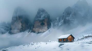 AI generated Minimalist photography of the lonely house in the snowy mountains.High quality. AI Generative photo