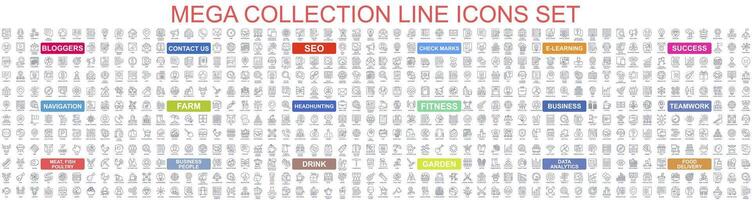 Mega set of vector simple line icons. Contains such Icons as Business, Teamwor, SEO, Contact Us, Blogger, Learning, Analytics, Delivery, Navigation and more. Bundle icon. Outline pictogram pack.