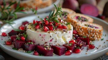 AI generated White Plate With Pomegranate-Topped Cake photo