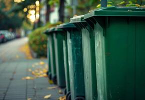 ai generado verde basura contenedores son forrado arriba a lo largo el calle foto