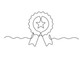 Continuous single line drawing of quality assurance award gold star badge vector illustration