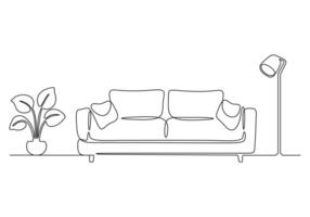 Continuous one line drawing of couch or sofa with lamp and potted plant. Modern furniture simple linear style vector illustration