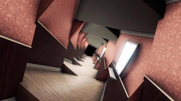 Abstract spinning tunnel inside the house corridor. Animation. Surreal rotatting hallway in the building, 3D motion graphics, concept of modeling and design, seamless loop. video