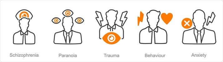 A set of 5 Mental Health icons as schizophernia, paranoia, trauma vector