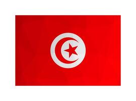 Vector isolated illustration. National Tunisian flag with white sun-disc, red star and crescent. Official symbol of Tunisia. Creative design in low poly style with triangular shapes. Gradient effect.