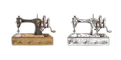 Hand-drawn colored and monochrome  sketches of vintage sewing machines. Handmade, sewing equipment concept in vintage doodle style. Engraving style. vector