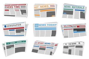 Newspapers set graphic elements in flat design. Bundle of periodical publications with different article headers, news times, world tabloids, paper mass media. Vector illustration isolated objects