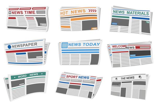 Newspapers set graphic elements in flat design. Bundle of periodical publications with different article headers, news times, world tabloids, paper mass media. Vector illustration isolated objects