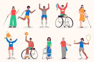 People with disabilities set in flat design. Men and women with protesis hands and legs, blind, on wheelchair. Bundle of diverse disabilities characters. Vector illustration isolated persons for web