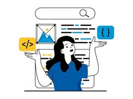 web desarrollo concepto con personaje situación. mujer trabajando con código, crea sitios plantilla, pruebas y ajustes, platicando contenido. vector ilustración con personas escena en plano diseño para web