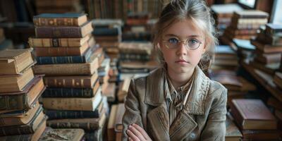 ai generado curioso joven niña rodeado por pilas de libros en un acogedor biblioteca ajuste. concepto de lectura, aprendiendo, y intelectual curiosidad. foto