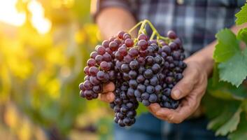 ai generado cosecha maduro rojo uvas desde viñedo. Fresco uva racimos retenida por agricultores manos en soleado otoño lagar. concepto de vinificación, viticultura, y uva producción. foto