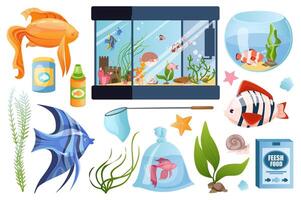 Aquarium set graphic elements in flat design. Bundle of exotic or tropical fishes, differents fishbowls, net, algae plant, snail, fish food and other accessories. Vector illustration isolated objects