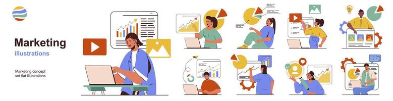 Marketing concept with character situations collection. Bundle of scenes people analyzing data of business, planning promotion strategy and organizate work. Vector illustrations in flat web design