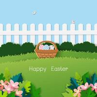 Happy Easter background on paper cut and craft style vector