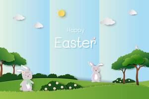 Happy Easter background with cute rabbits happy in the garden vector