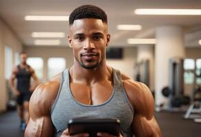 AI Generated A fit man flexes his muscles in the gym, displaying his athletic physique and strength training regimen. photo