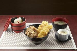 Pork Shabu and Fish Manzoku Don served in a dish isolated on wooden table background side view of singapore food photo