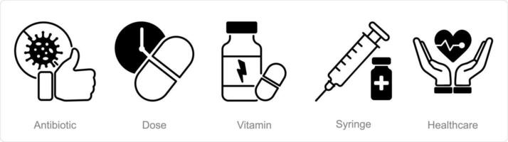 A set of 5 Pharmacy icons as antiboitic, dose, vitamin vector