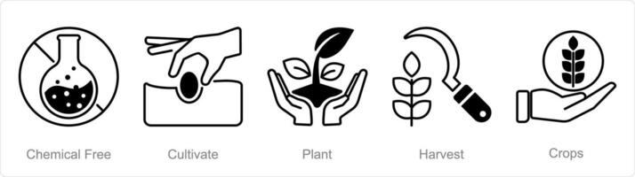 A set of 5 Organic Farming icons as chemical free, cultivate, plant vector