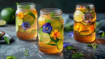 AI generated Three Mason Jars With Lemonade and Flowers photo