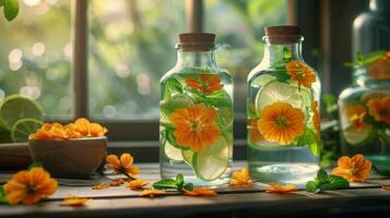 AI generated Three Mason Jars With Lemonade and Flowers photo
