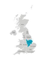 vector aislado ilustración de simplificado administrativo mapa de el unido Reino, Reino Unido. azul forma de este la región central de Inglaterra. fronteras y nombres de el regiones. gris siluetas blanco describir.