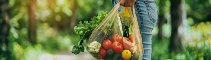 AI generated A Hand holding a reusable mesh bag full of fresh vegetables photo